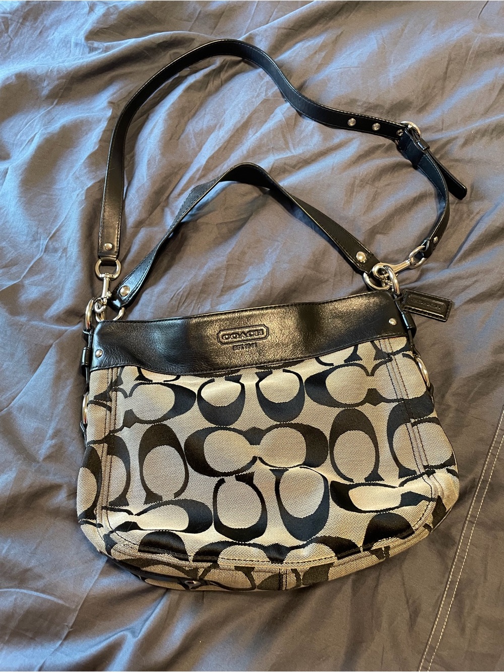 Coach Gray and Black Signature Canvas Shoulder Bag